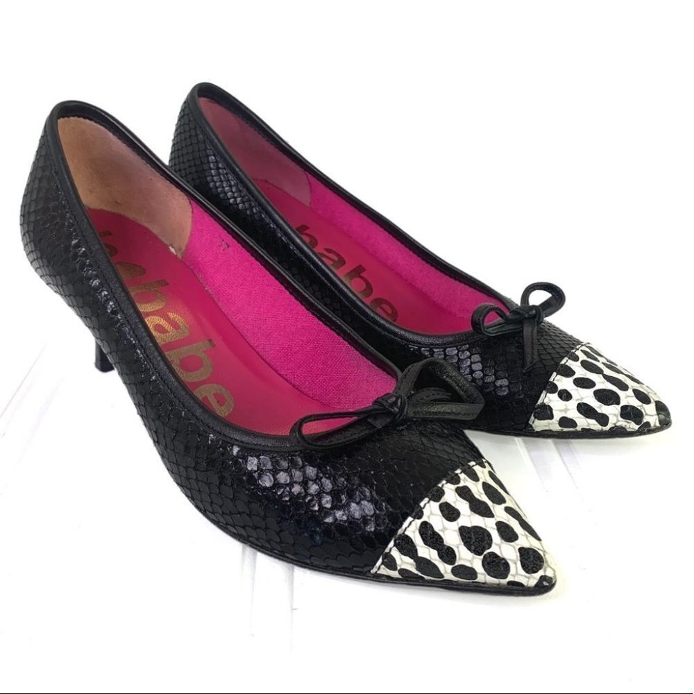 LE BABE CROC BLACK HEEL LEATHER POINTED HEEL ANIMAL PRINT SHOES MADE IN ITALY 37
